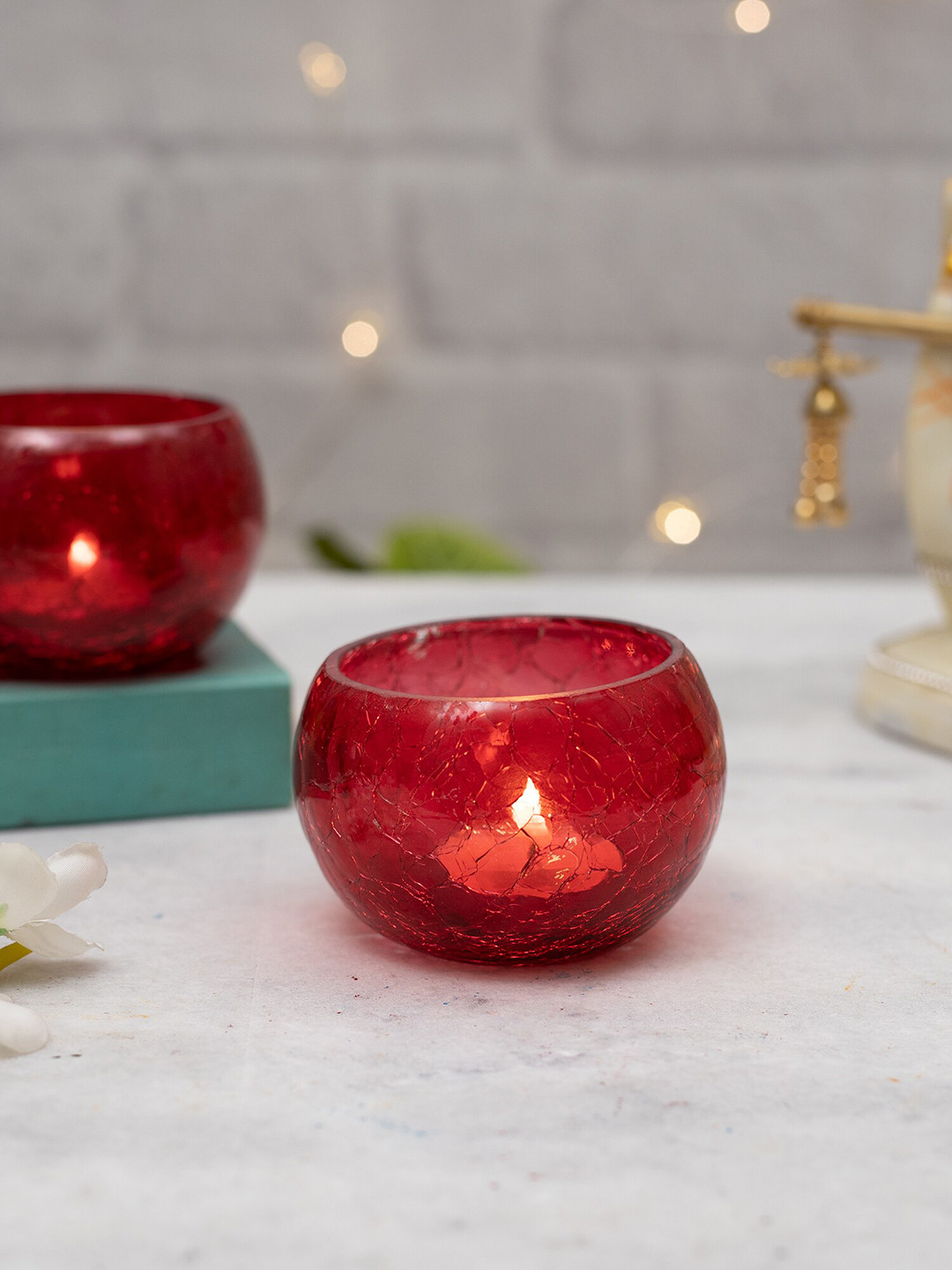 Homesake Set Of 2  Glass Crackle Mosaic Candle Holder