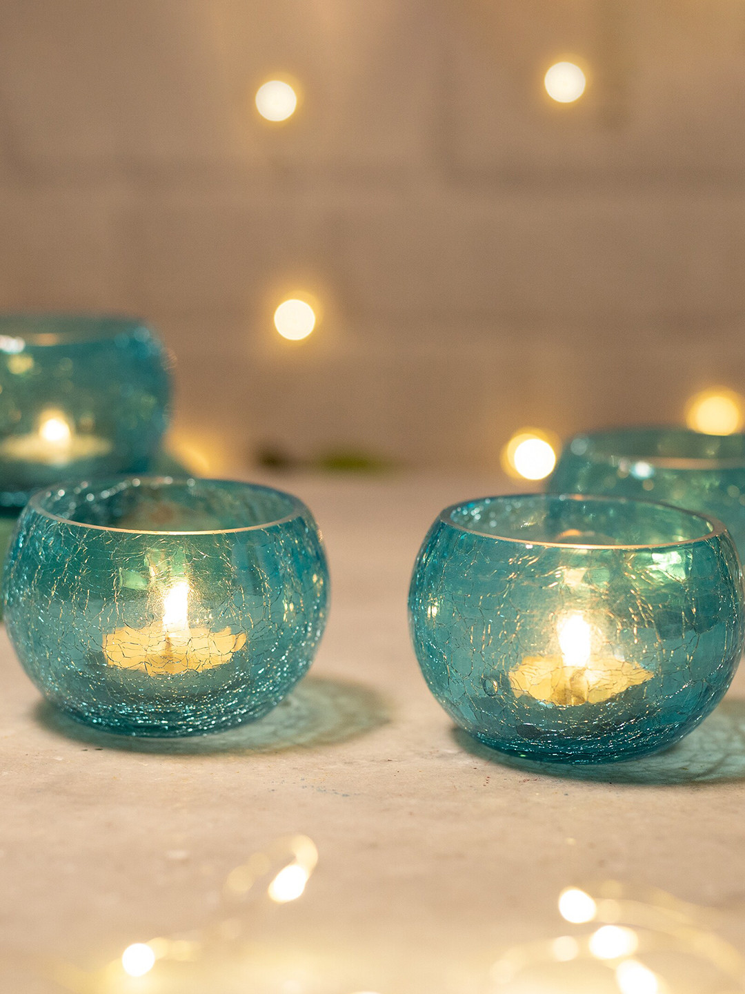 Homesake Set Of 4 Turquoise Blue Crackle Mosaic Tea-Light Candle Holders