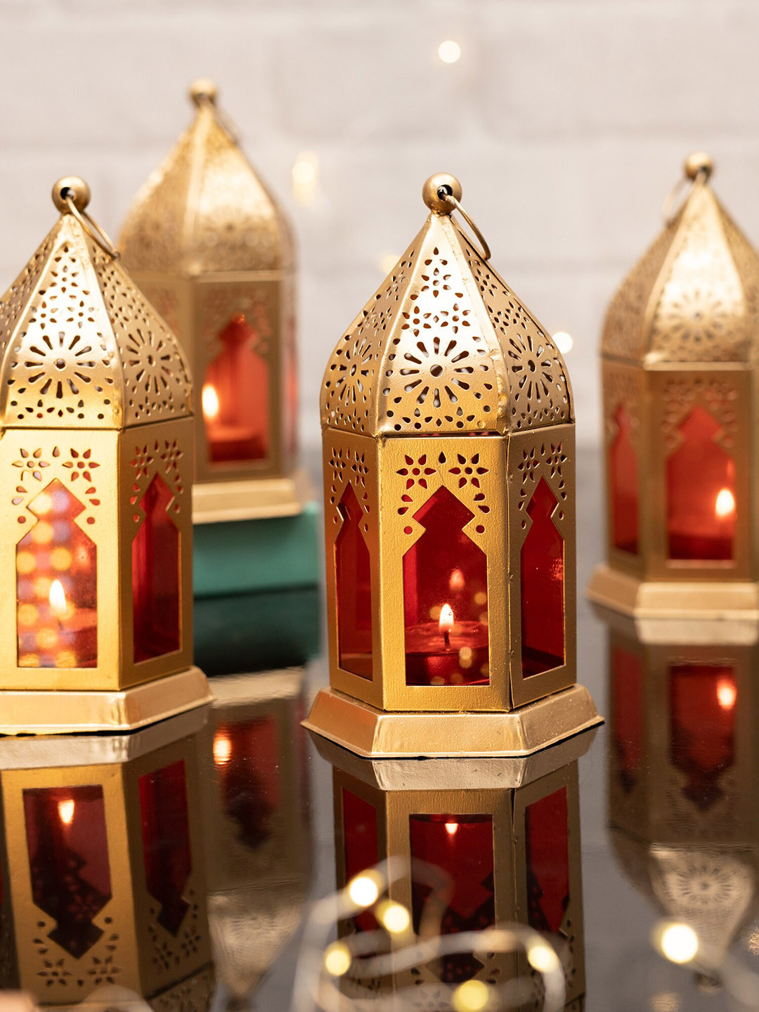 Homesake Set Of 4 Red Solid Golden Finish Moroccan Lantern Candle Holder