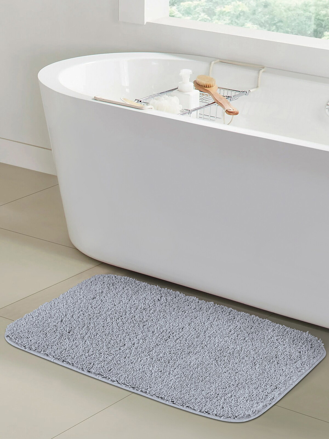 OBSESSIONS Silver-Coloured Solid 1400 GSM Anti-Skid Bath Rugs