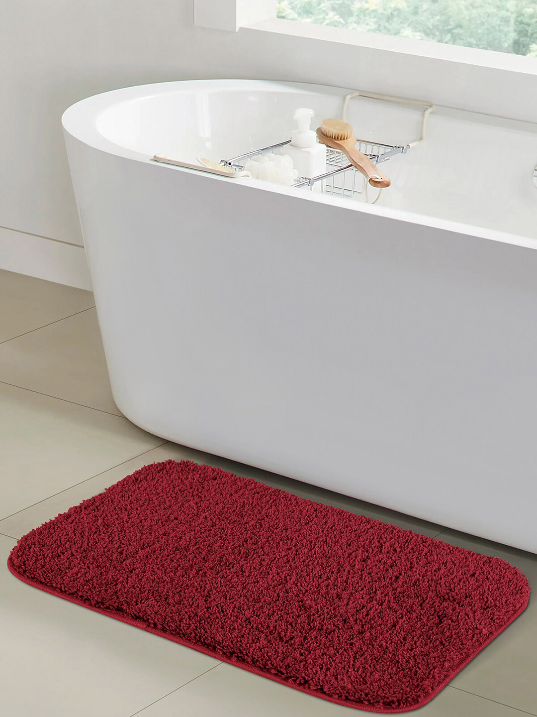 OBSESSIONS Maroon Self Design 1400 GSM Anti Skid Bath Rug