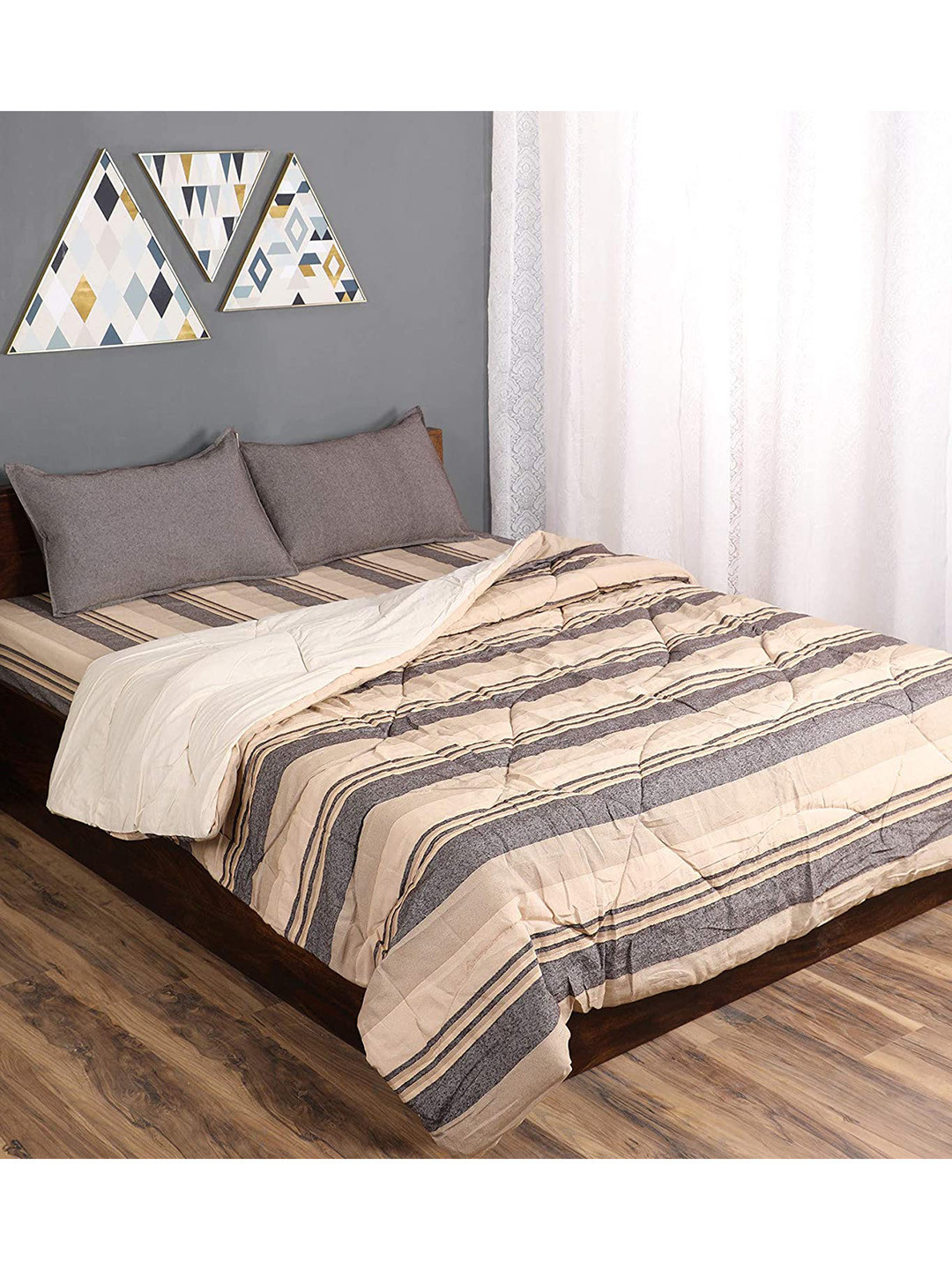 Saral Home Brown & Grey Striped Mild Winter 210 GSM Cotton Double Bed Quilt