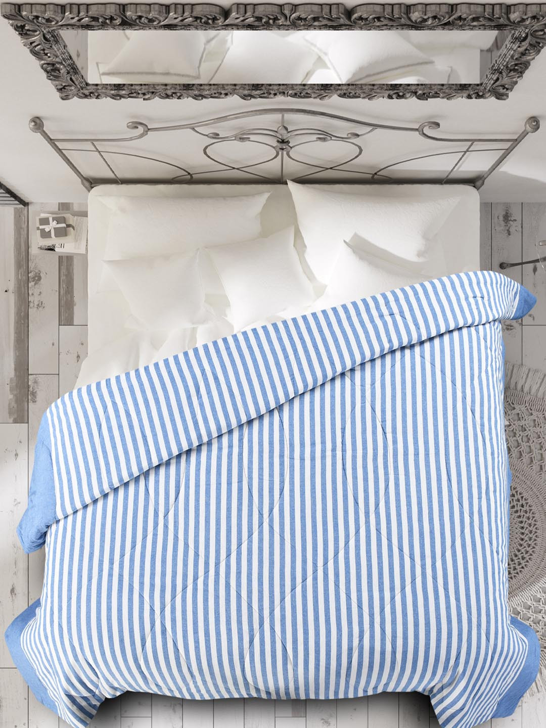 Saral Home Blue & White Striped Mild Winter 210 GSM Double Bed Quilt