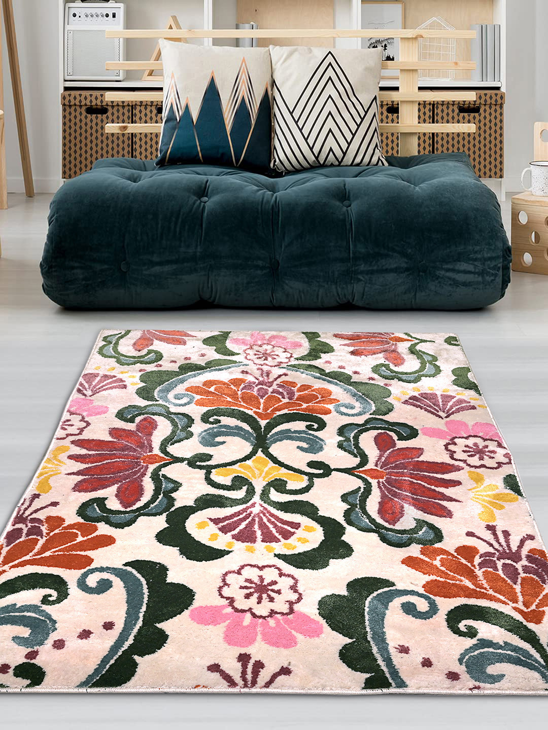 Saral Home Cream Coloured Printed Cotton Handtufted Carpet