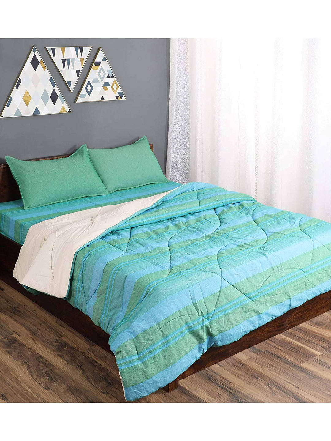 Saral Home Green & Blue Striped Mild Winter 210 GSM Cotton Double Bed Quilt