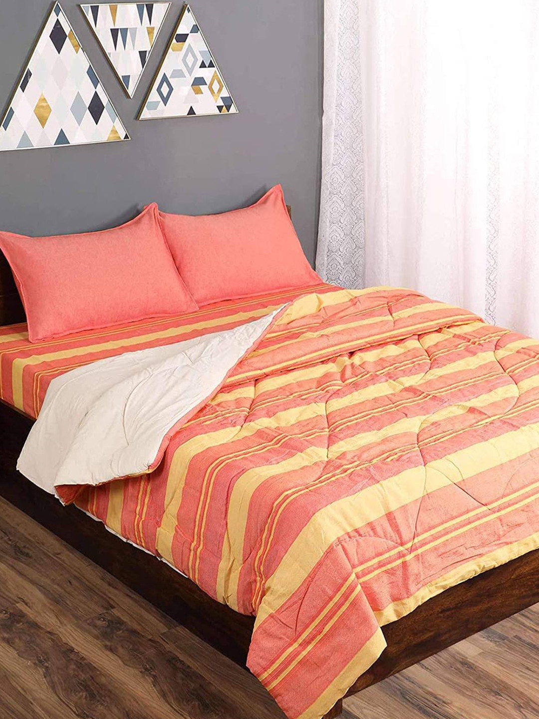Saral Home Orange & Yellow Striped Mild Winter 210 GSM Double Bed Quilt