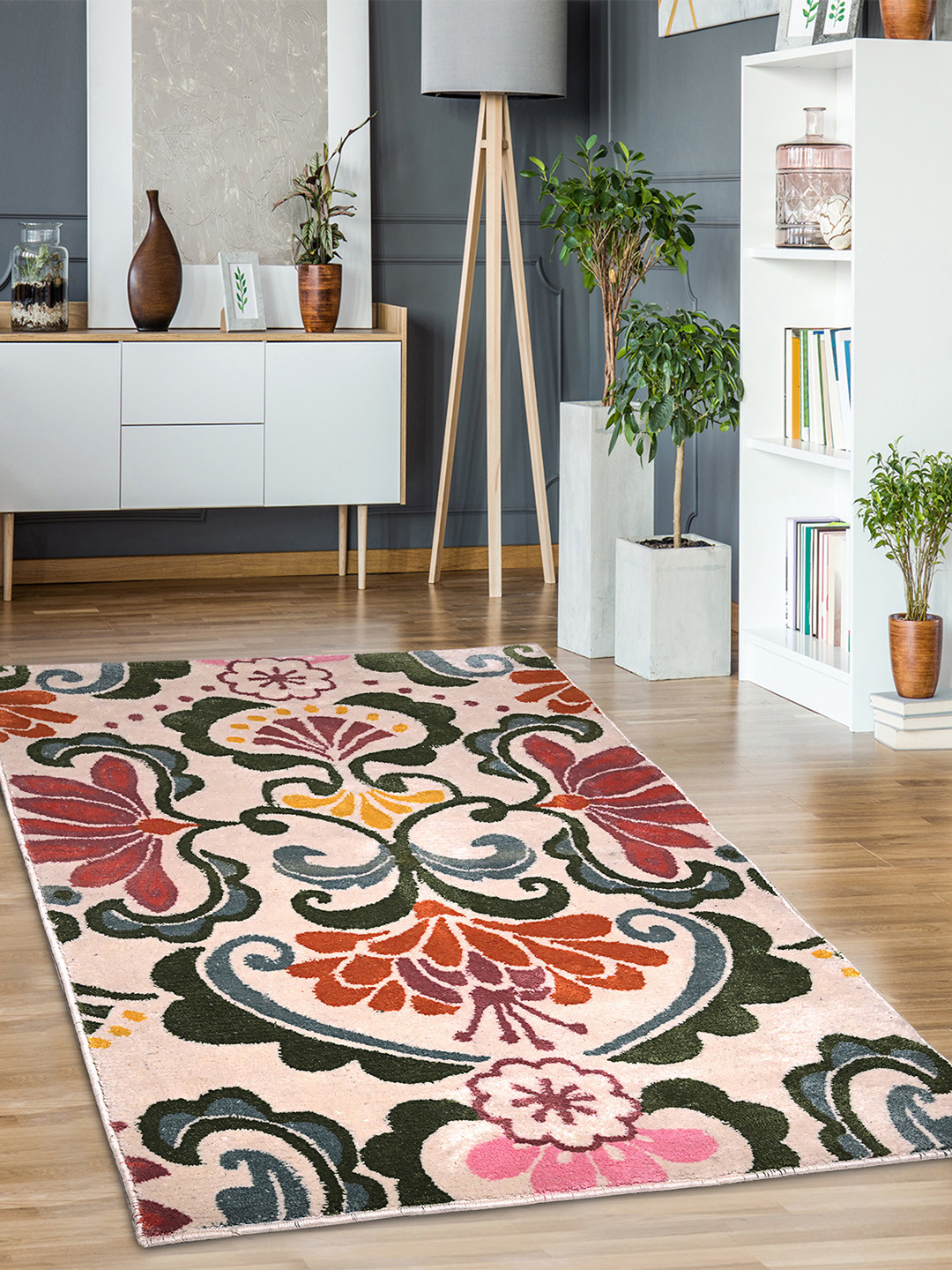 Saral Home Cream Floral Rectangular Cotton Carpet