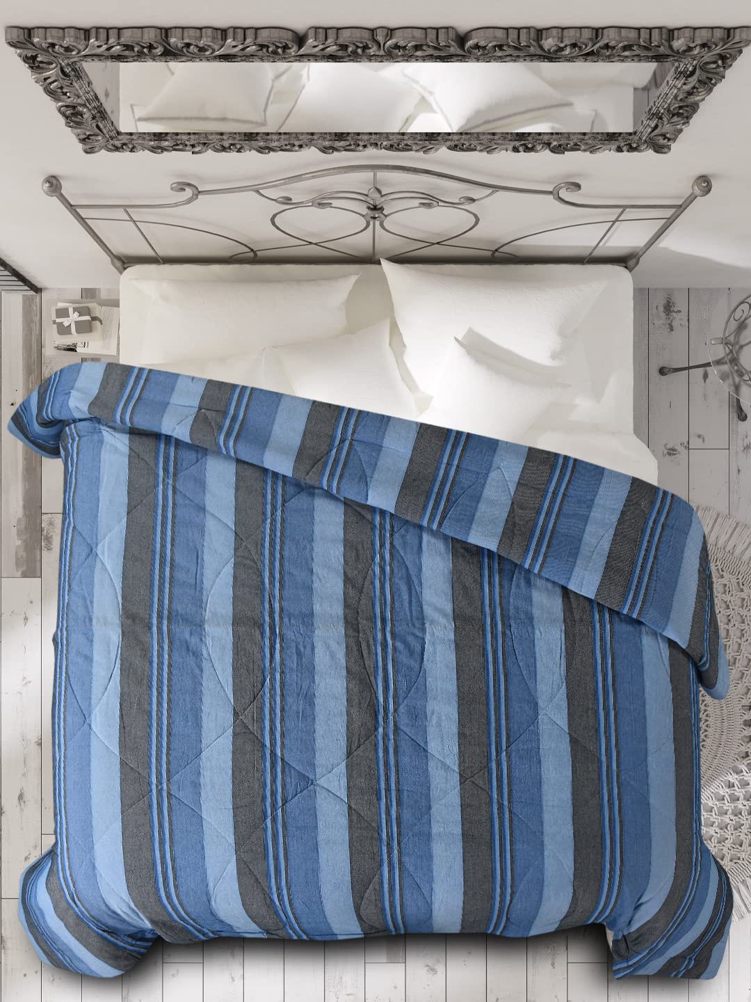 Saral Home Blue & Grey Striped Mild Winter 210 GSM Double Bed Quilt