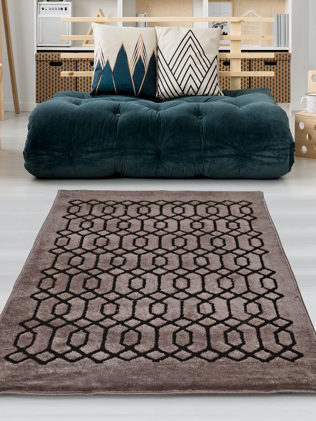 Saral Home Brown Geometric Printed Cotton Handcrafted Carpet