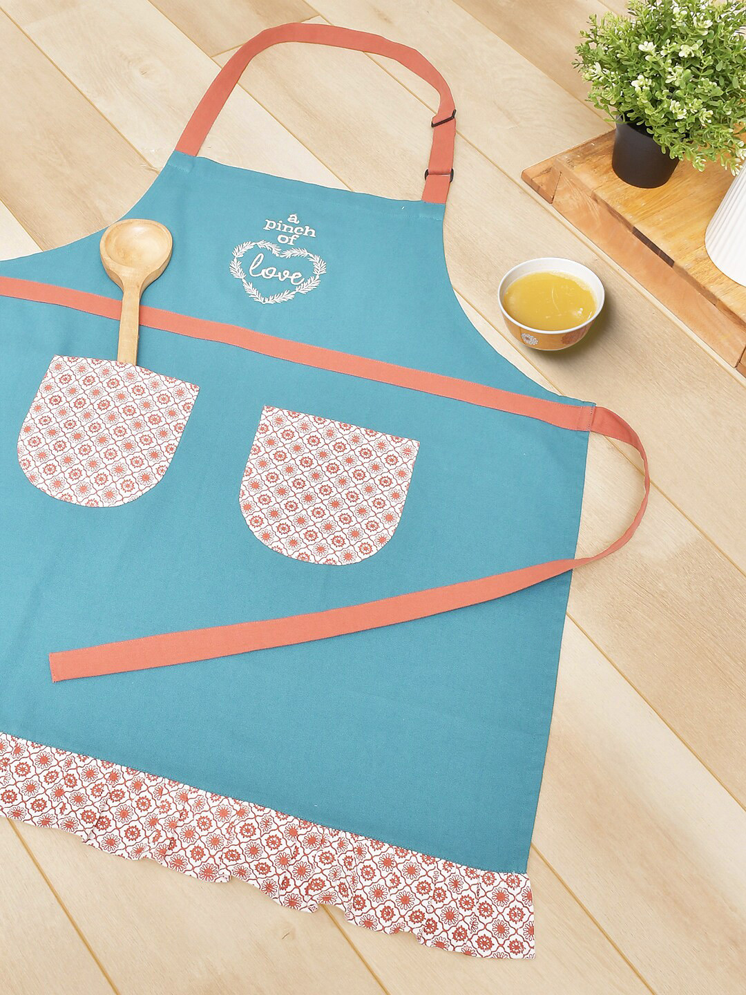 BLANC9 Turquoise Blue Printed Pure Cotton Apron