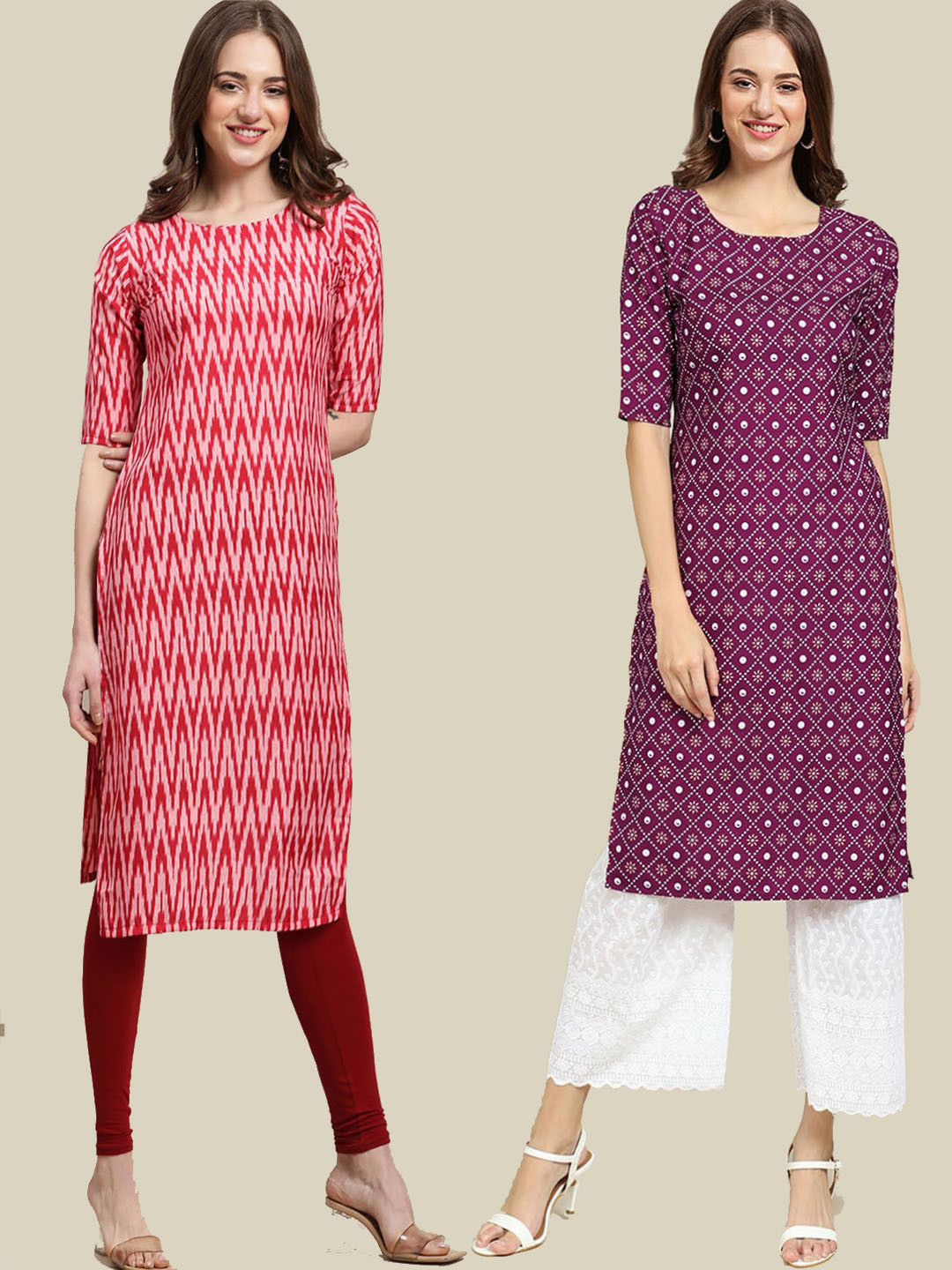 7Threads Women Pack Of 2 Red & Purple Geometric Crepe Kurta