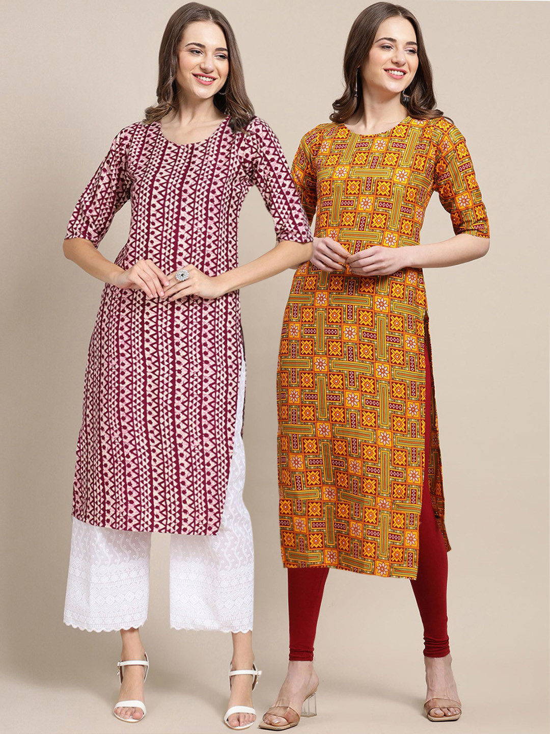 7Threads Women Pack of 2Mustard Yellow & Maroon Printed Handloom Crepe Kurta