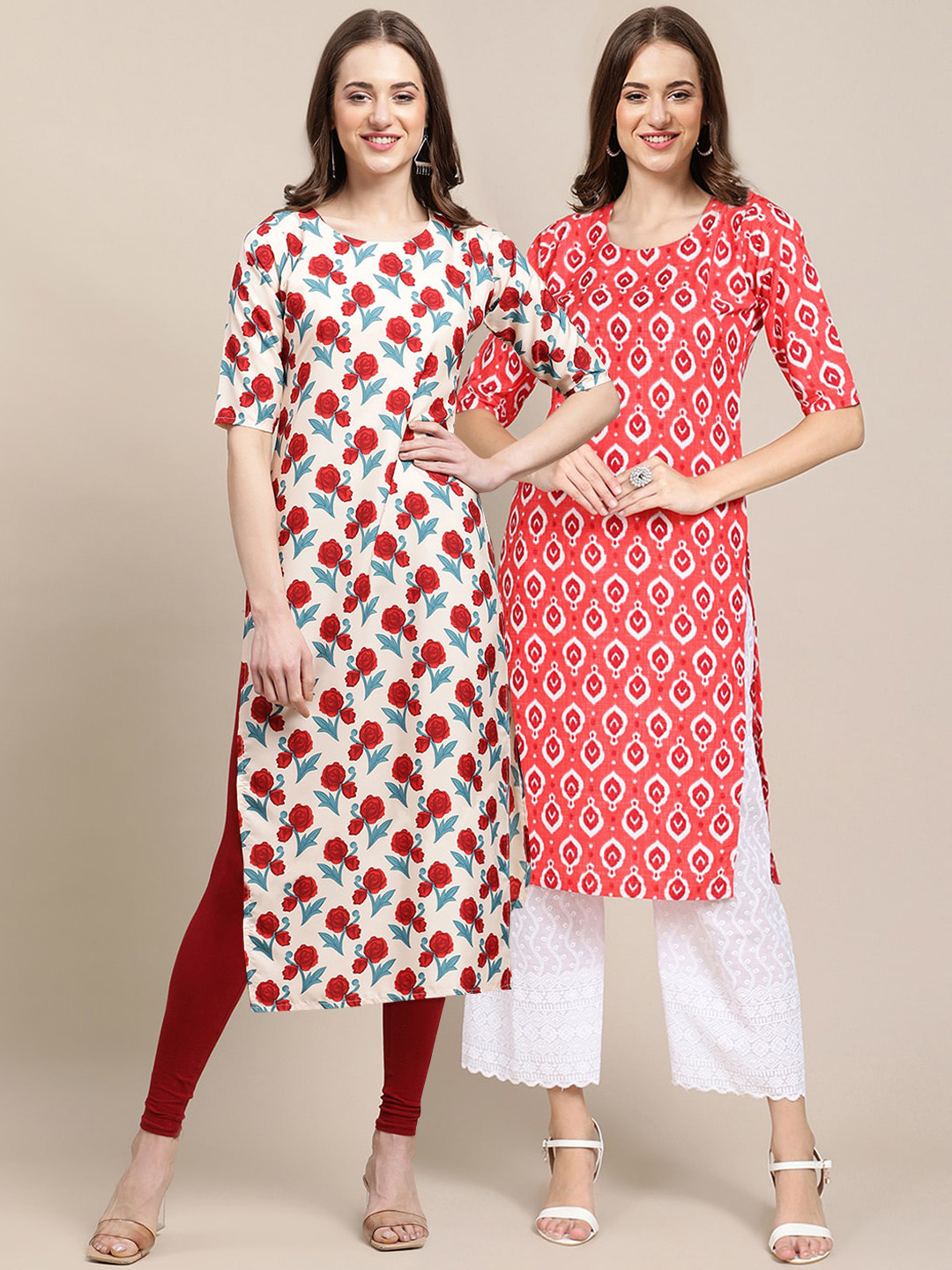 7Threads Women Multicoloured Geometric Printed Cold-Shoulder Sleeves Block Print Handloom Crepe Kurta