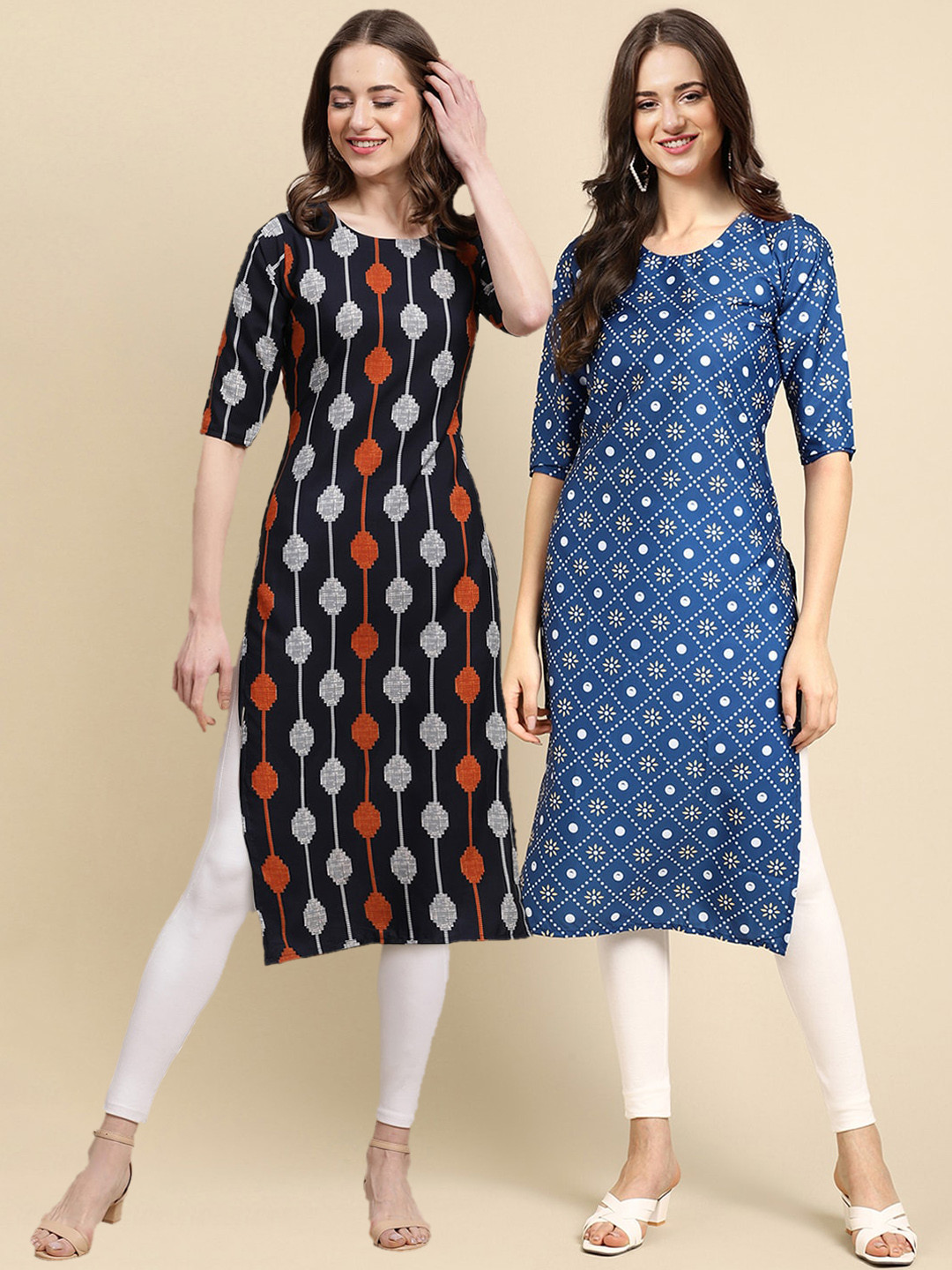7Threads Women Pack of 2 Block Printed Handloom Crepe Kurta