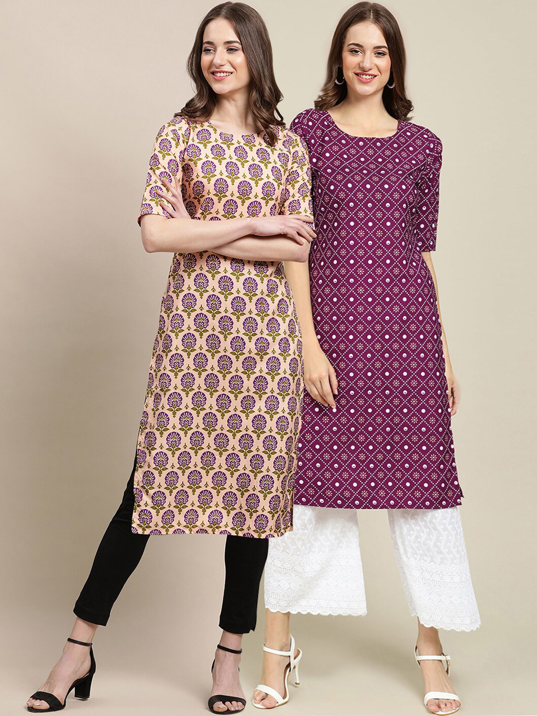 7Threads Women Pack of 2 Magenta & Cream-Colored Geometric Summer Sheers Crepe Kurta