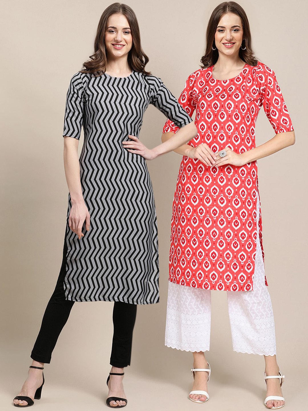 7Threads Women Set Of 2 Grey & Pink Geometric Printed Crepe Kurta