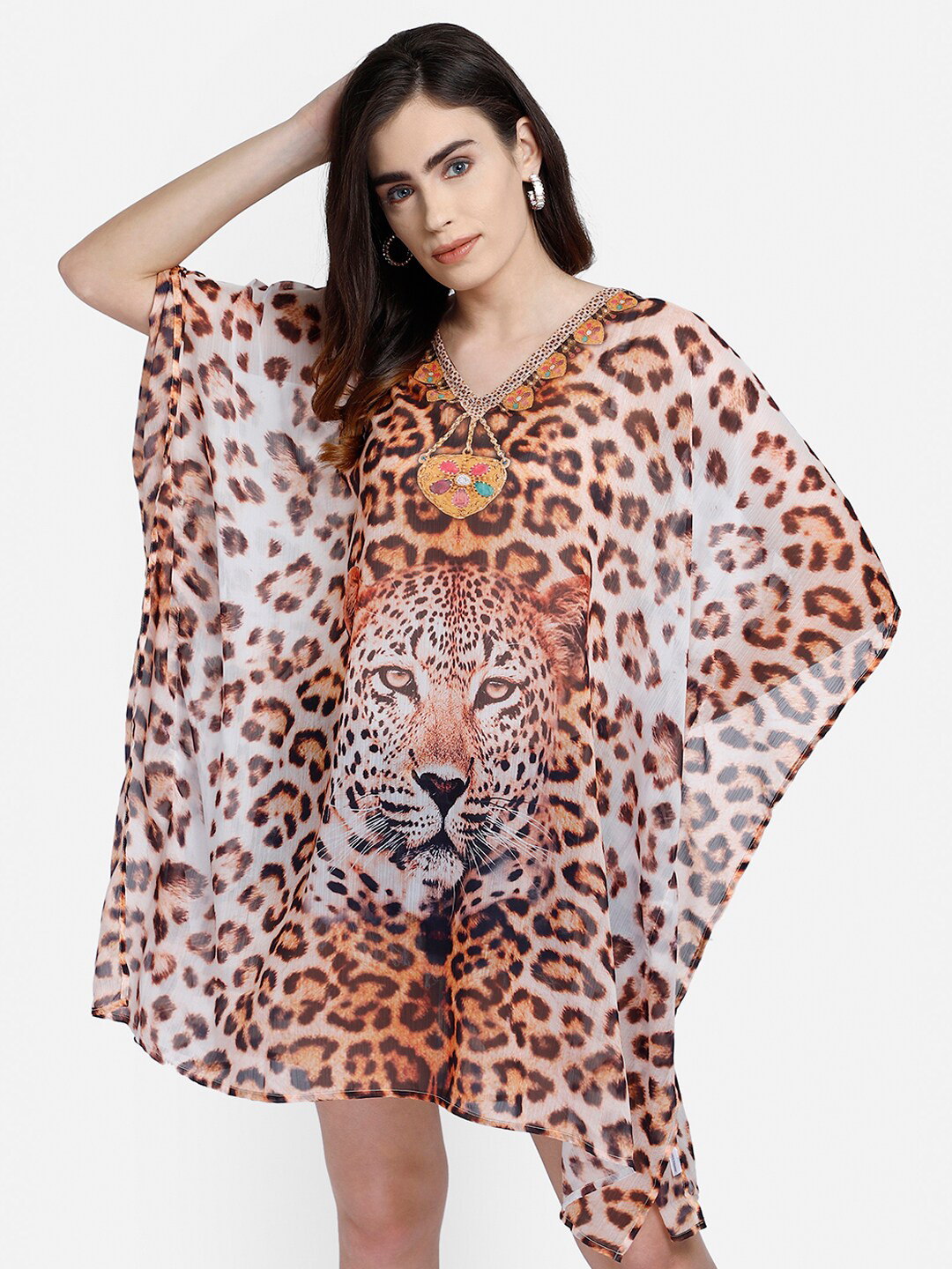 Aditi Wasan Brown Animal Printed Chiffon Kaftan Dress