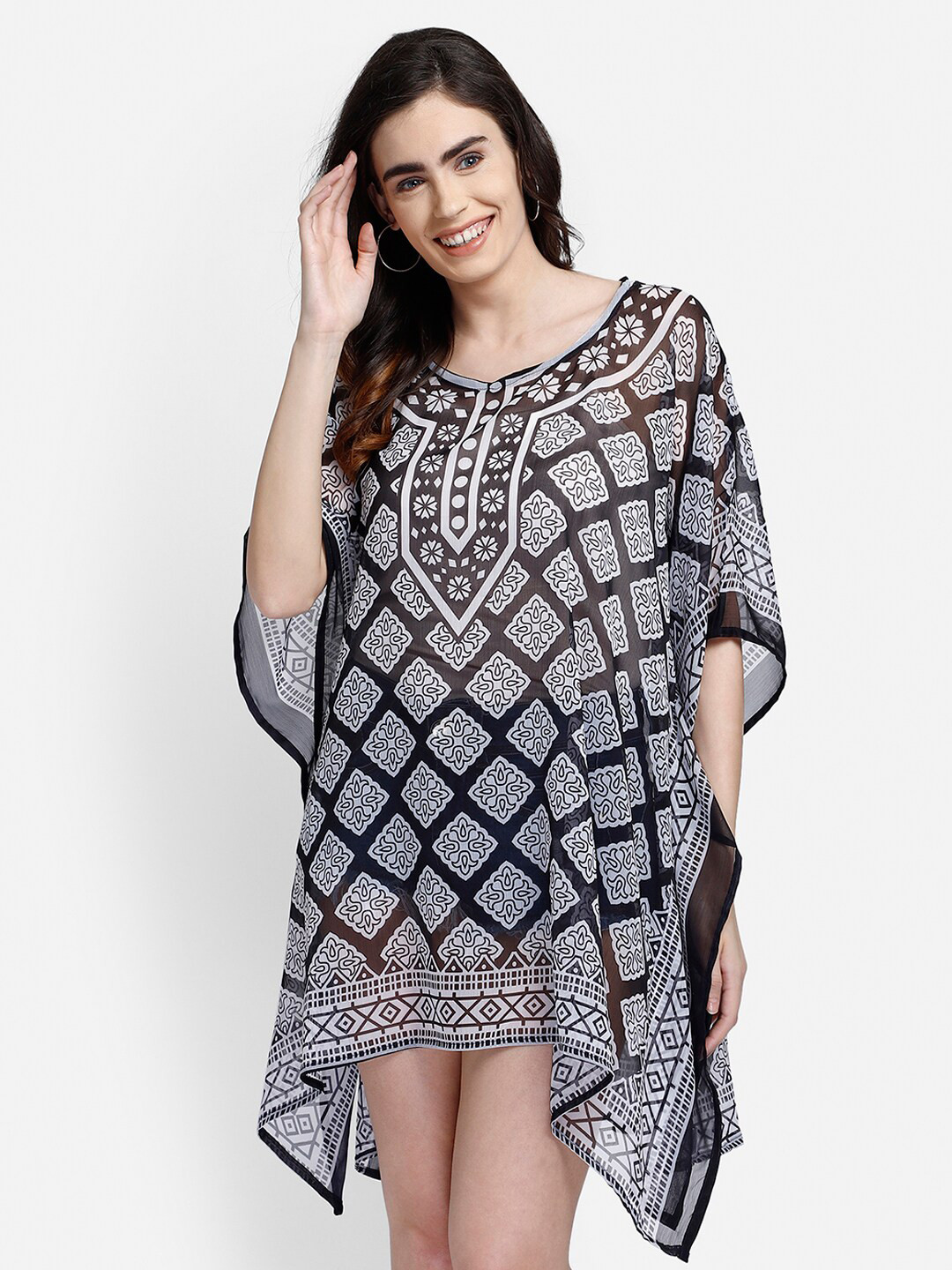 Aditi Wasan Black & White Ethnic Motifs Chiffon Kaftan Mini Dress