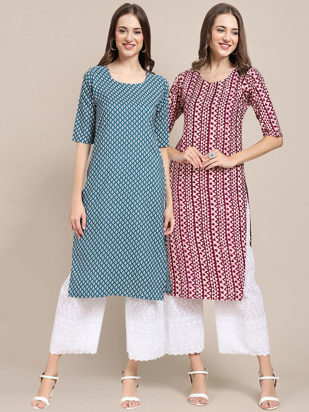 7Threads Women Pack of 2 Blue & Maroon Digital Printed Crepe Straight Kurtas