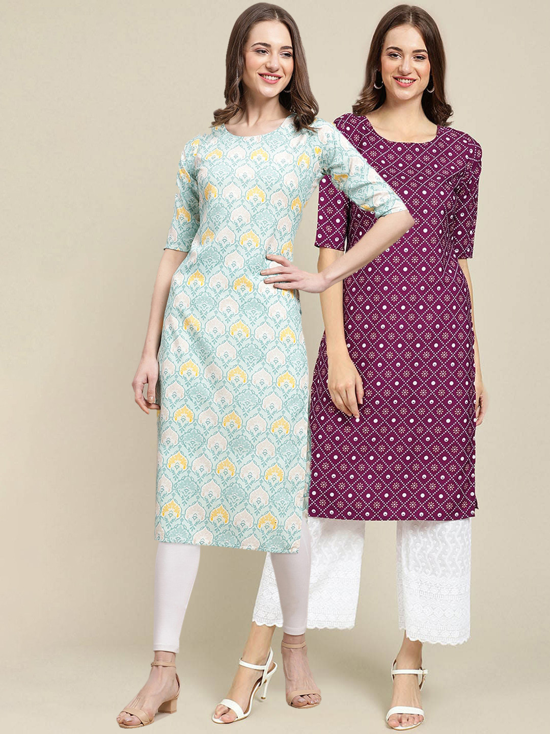7Threads Women Set Of 2 Blue & Violet Floral Printed Crepe Kurta