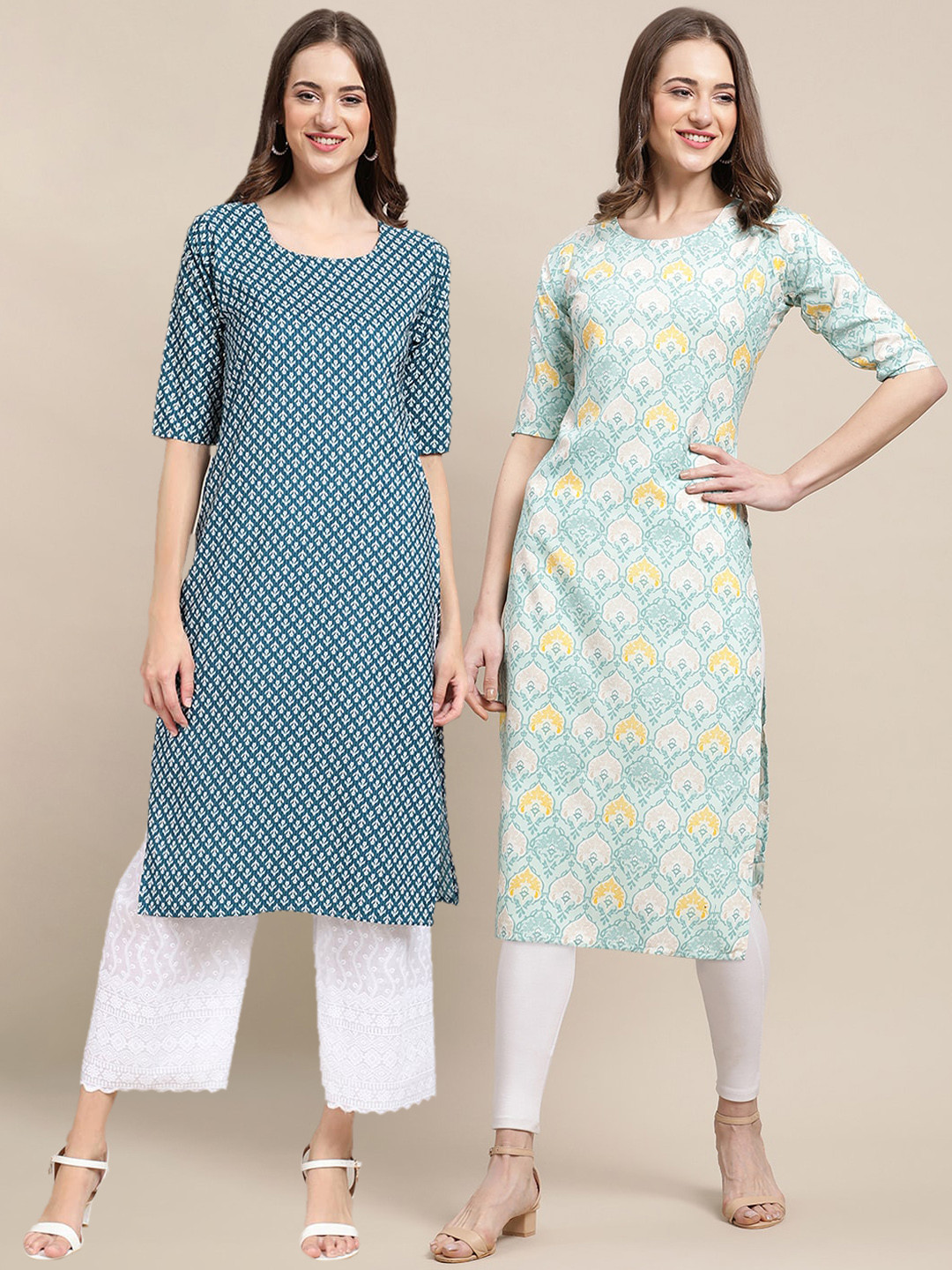 7Threads Women Pack Of 2 Blue & Sea Green Ethnic Motifs Printed Indigo Crepe Kurta