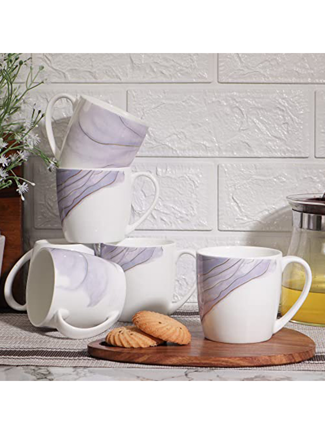 Femora White Abstract Bone China Microwave Safe 6 Piece Cup-160ml