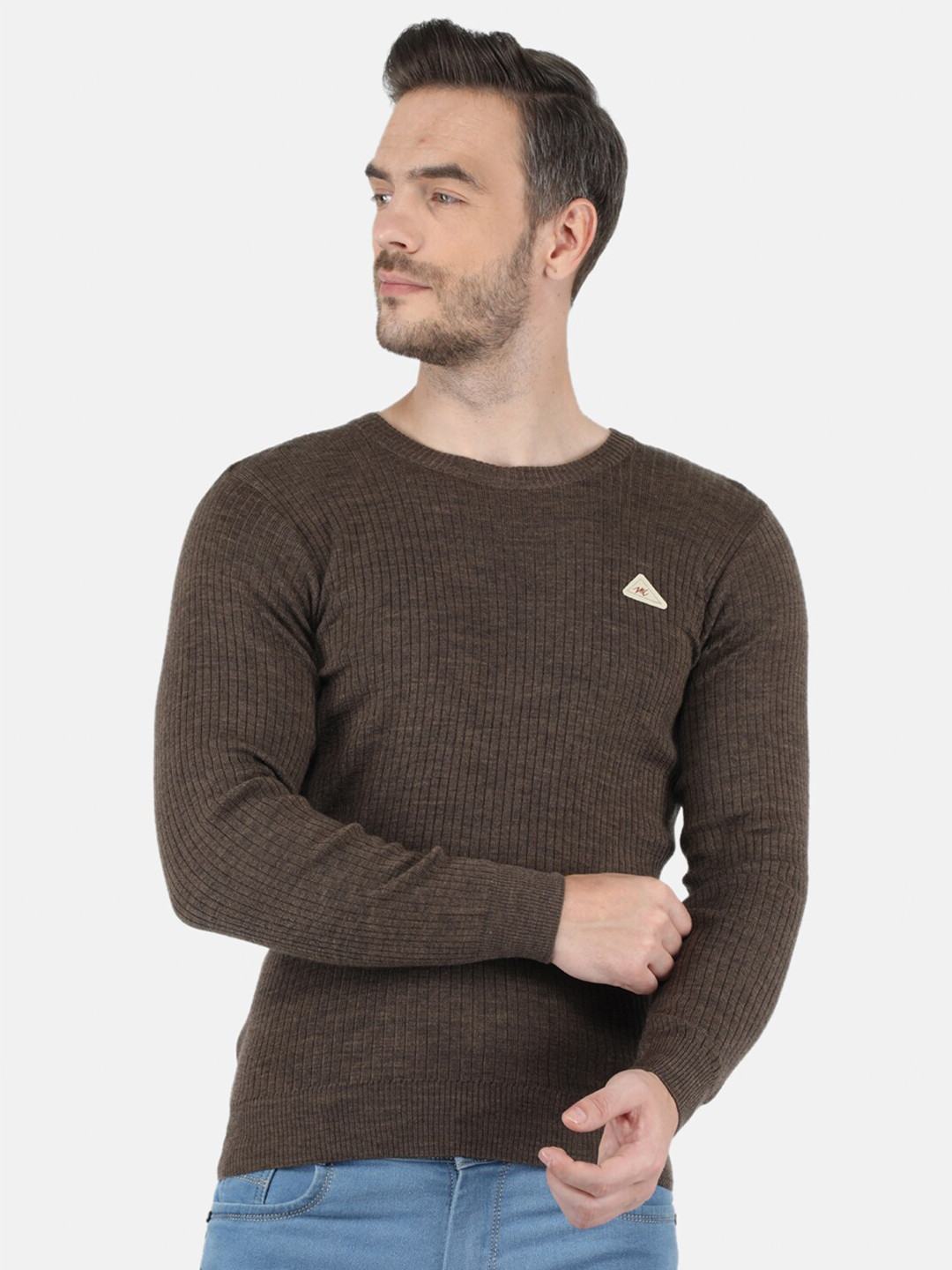 Monte Carlo Men's Blend Wool Brown Solid Round Neck Pullover