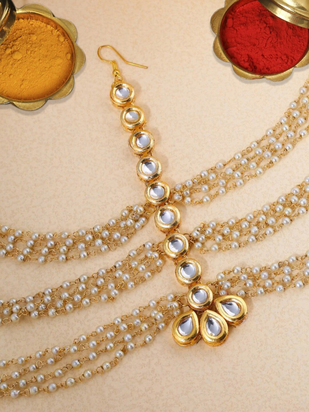 OOMPH Gold Toned Kundan Studded & Beaded Bridal Matha Patti Head Jewellery