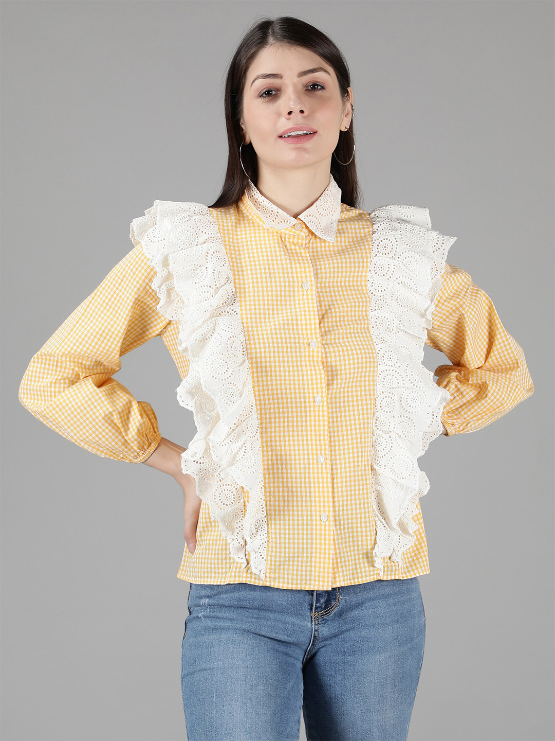 Amagyaa Women Yellow Checked Ruffle Detail Shirt Style Top
