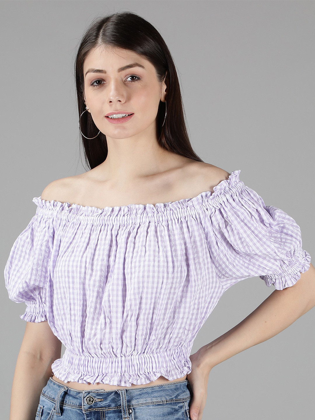 Amagyaa Lavender Striped Off-Shoulder Pure Cotton Bardot Crop Top