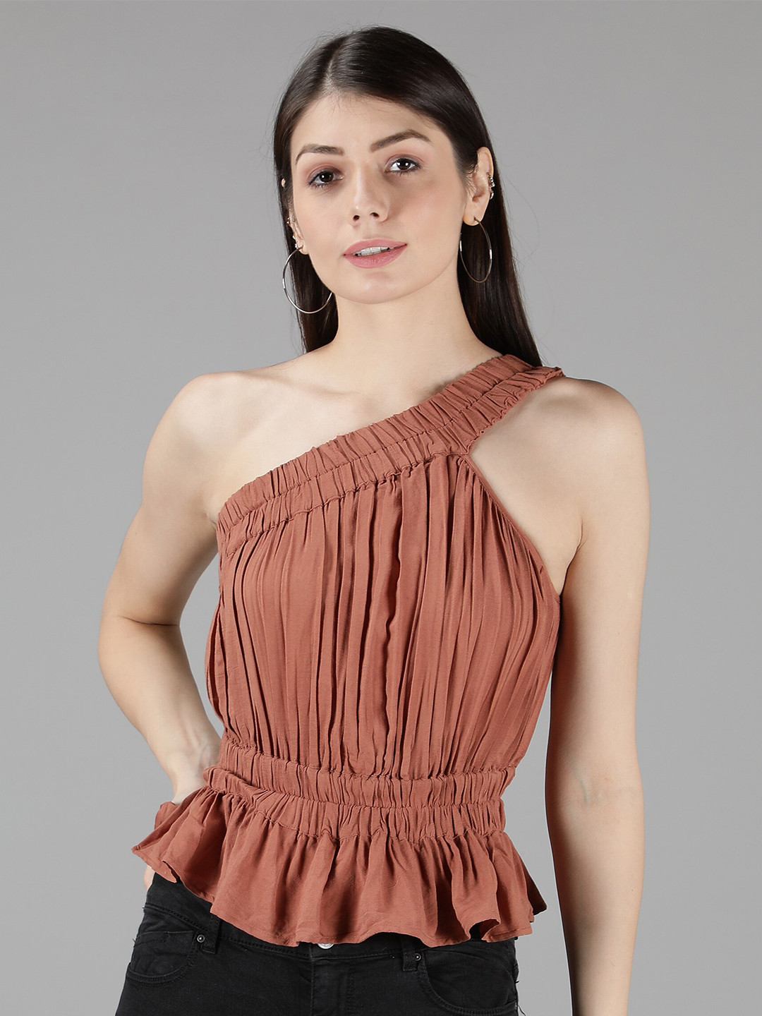 Amagyaa Rust One Shoulder Cinched Waist Top