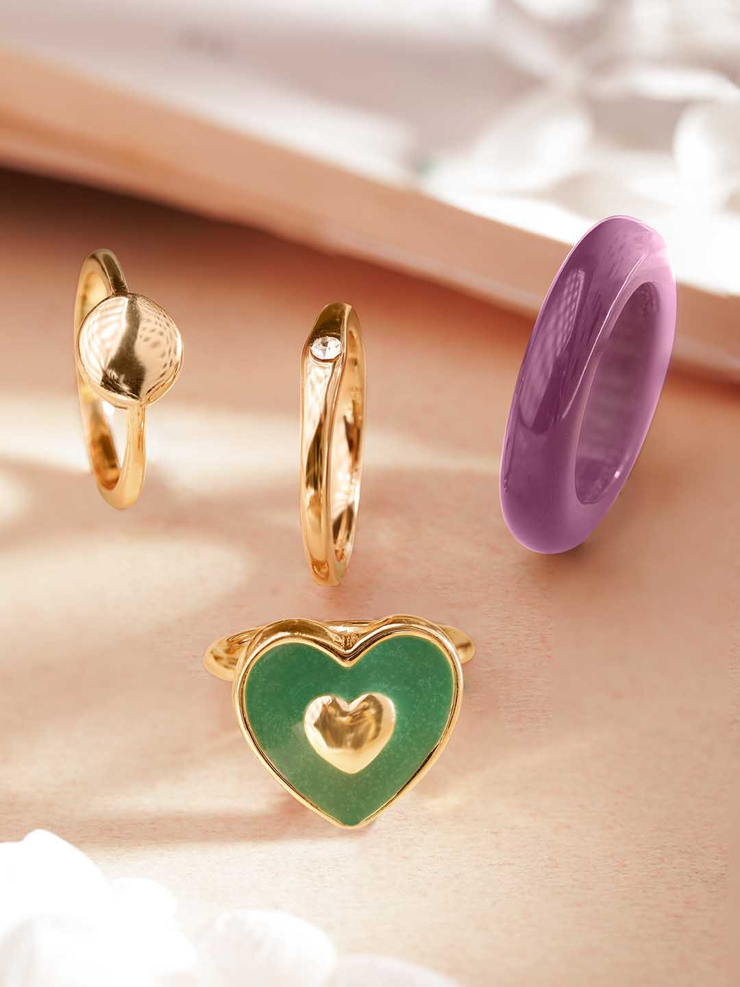 Rubans Voguish Set of 4 Gold-Plated Purple & Green Enamel Finger Rings