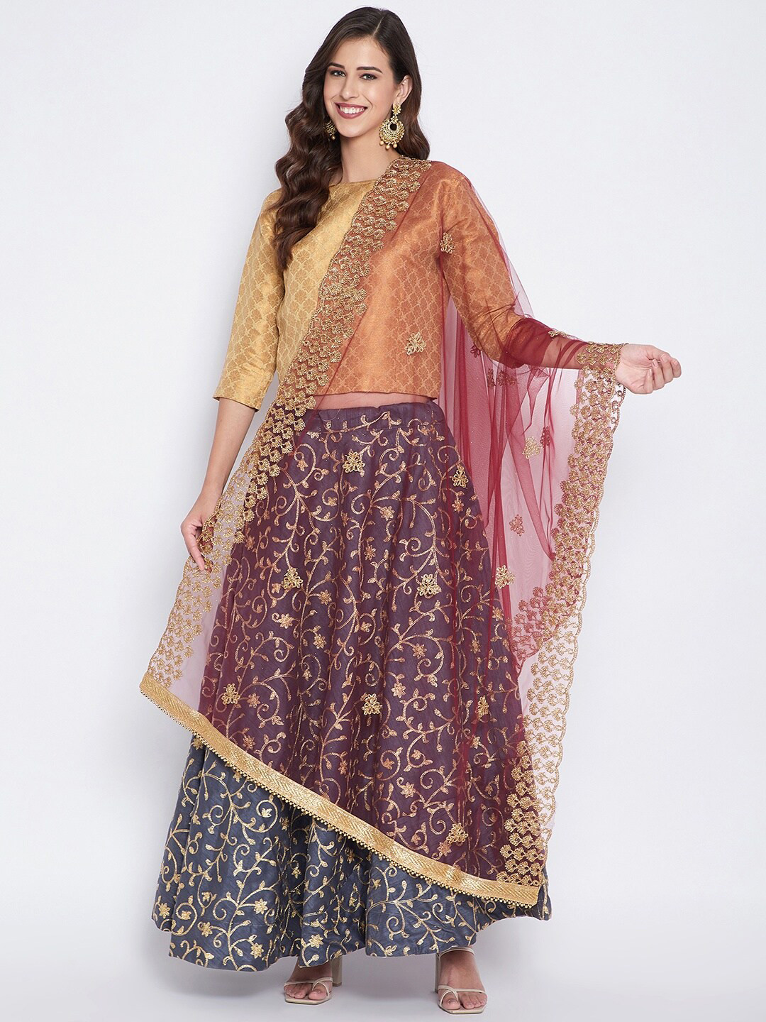 Clora Creation Women Maroon & Gold Embroidered Net Dupatta