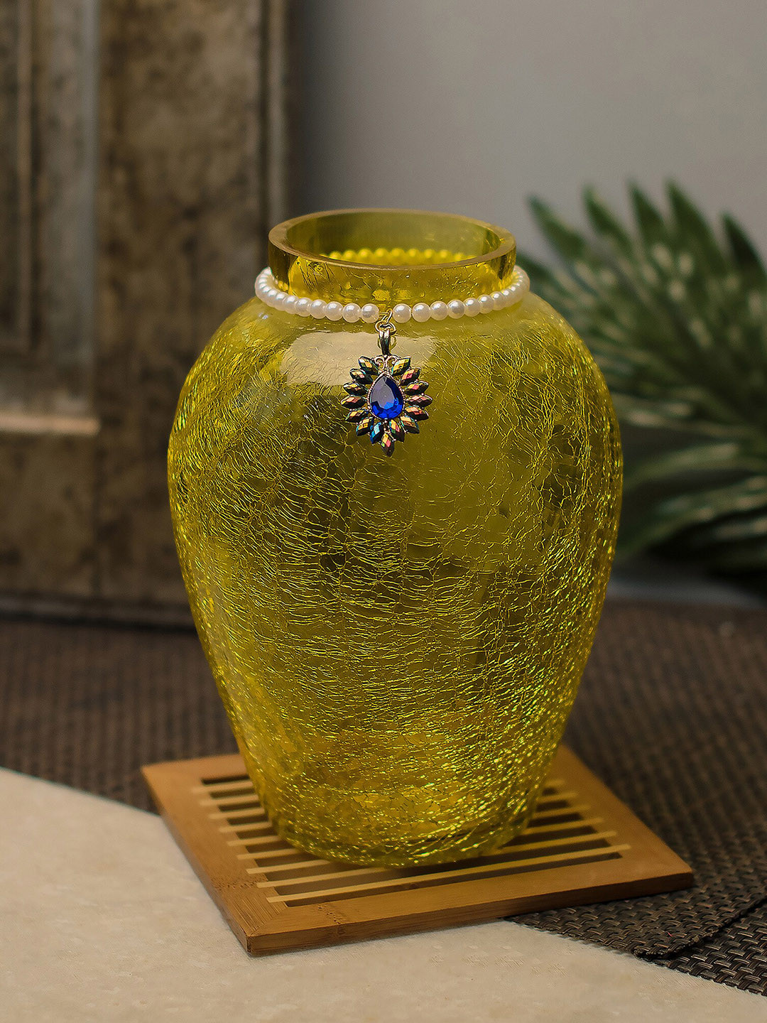Homesake Yellow Textured Vase Crackle Flower Pot with Brooch Neck