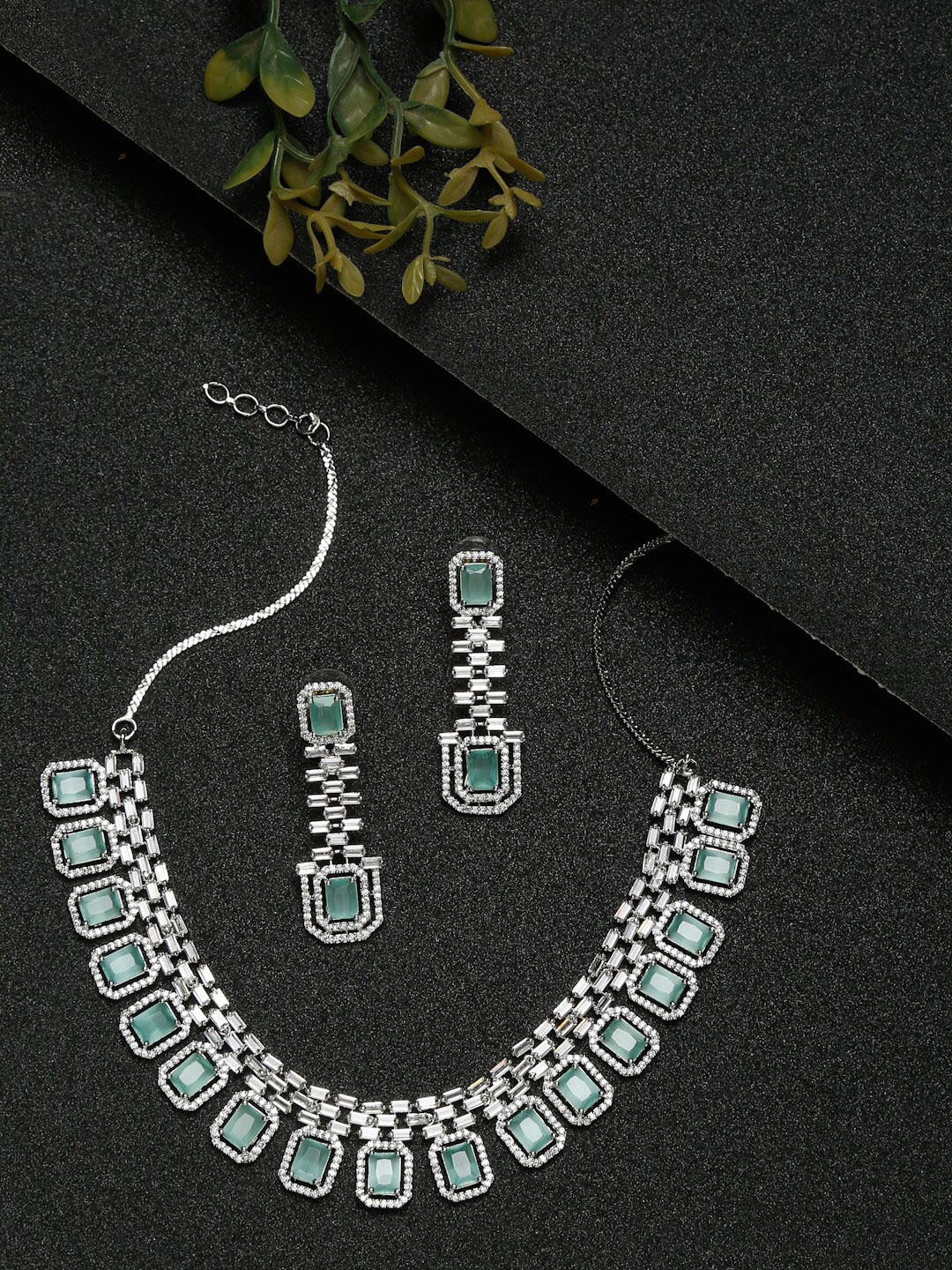 YouBella Women Silver-Plated Green & White Stone-Studded Jewellery Set