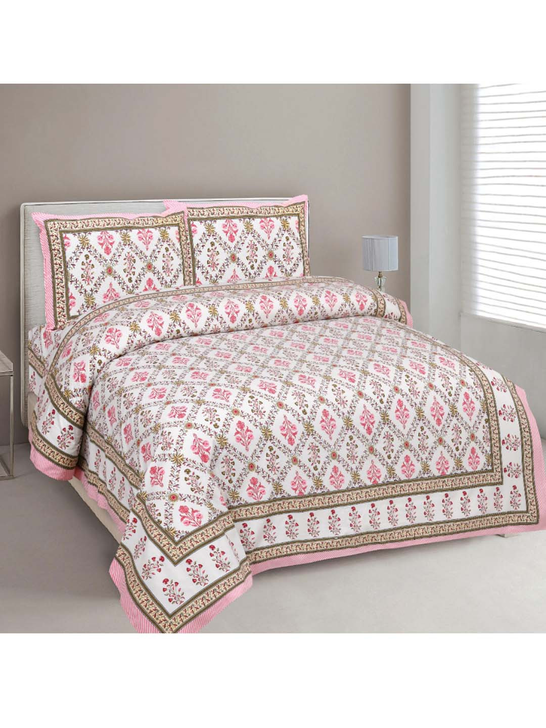 INDHOME LIFE Jaipuri White Floral Pure Cotton 220 TC Fitted King Fine Bedsheet with 2 Pillow Covers-60 x 108 inches