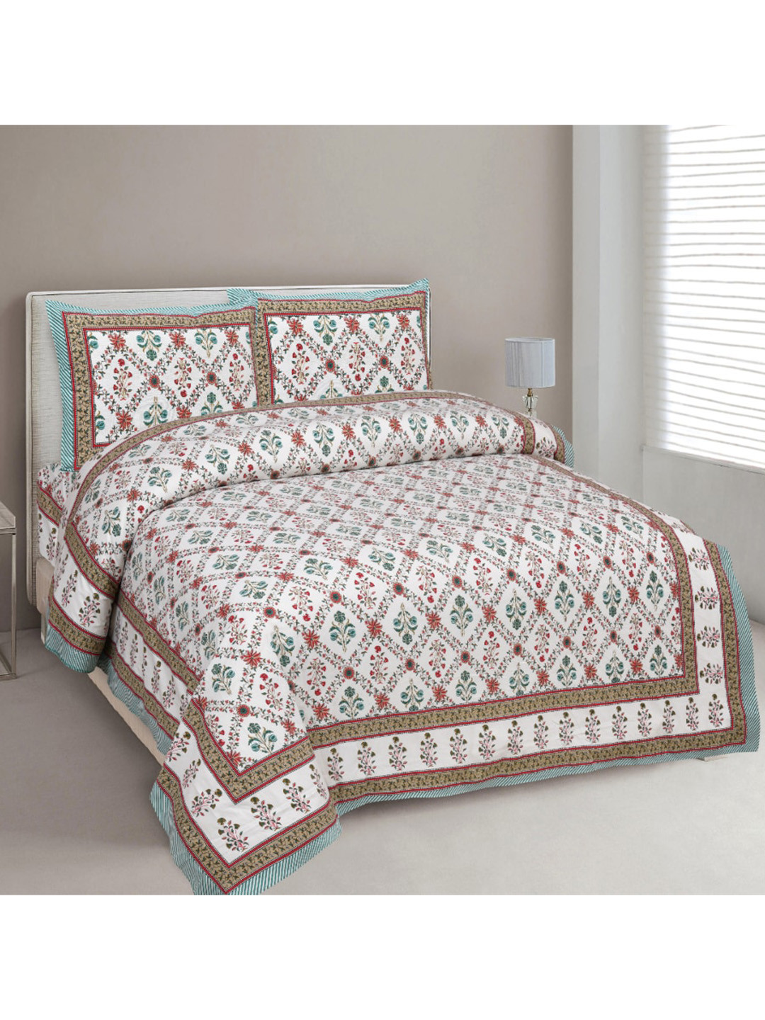 INDHOME LIFE Jaipuri White Floral Pure Cotton Breathable 220 TC King Fine Bedsheet with 2 Pillow Covers-108 x 91 inches