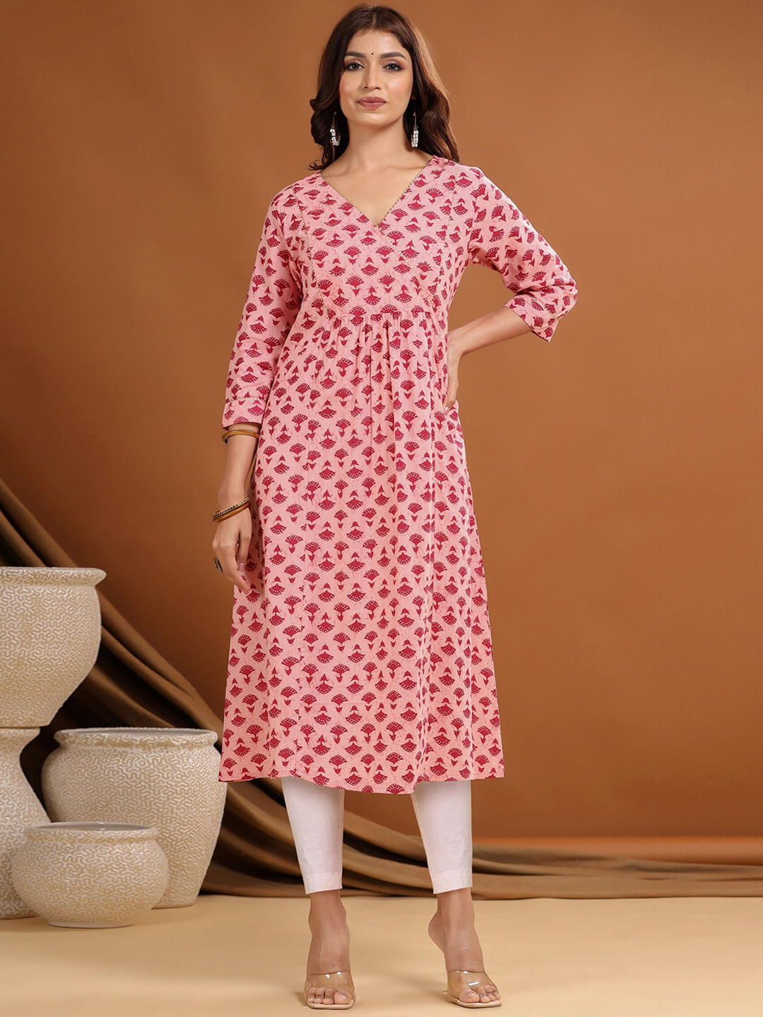 The Kurta Express Women Maroon Floral Printed Angrakha Cotton A-Line Kurta