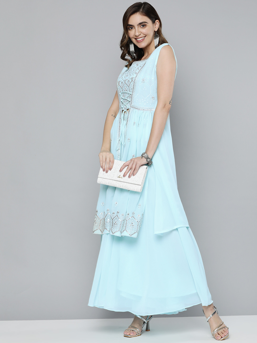 Kvsfab Women Blue Ethnic Motifs Embroidered Mirror Work Layered Top & Palazzos