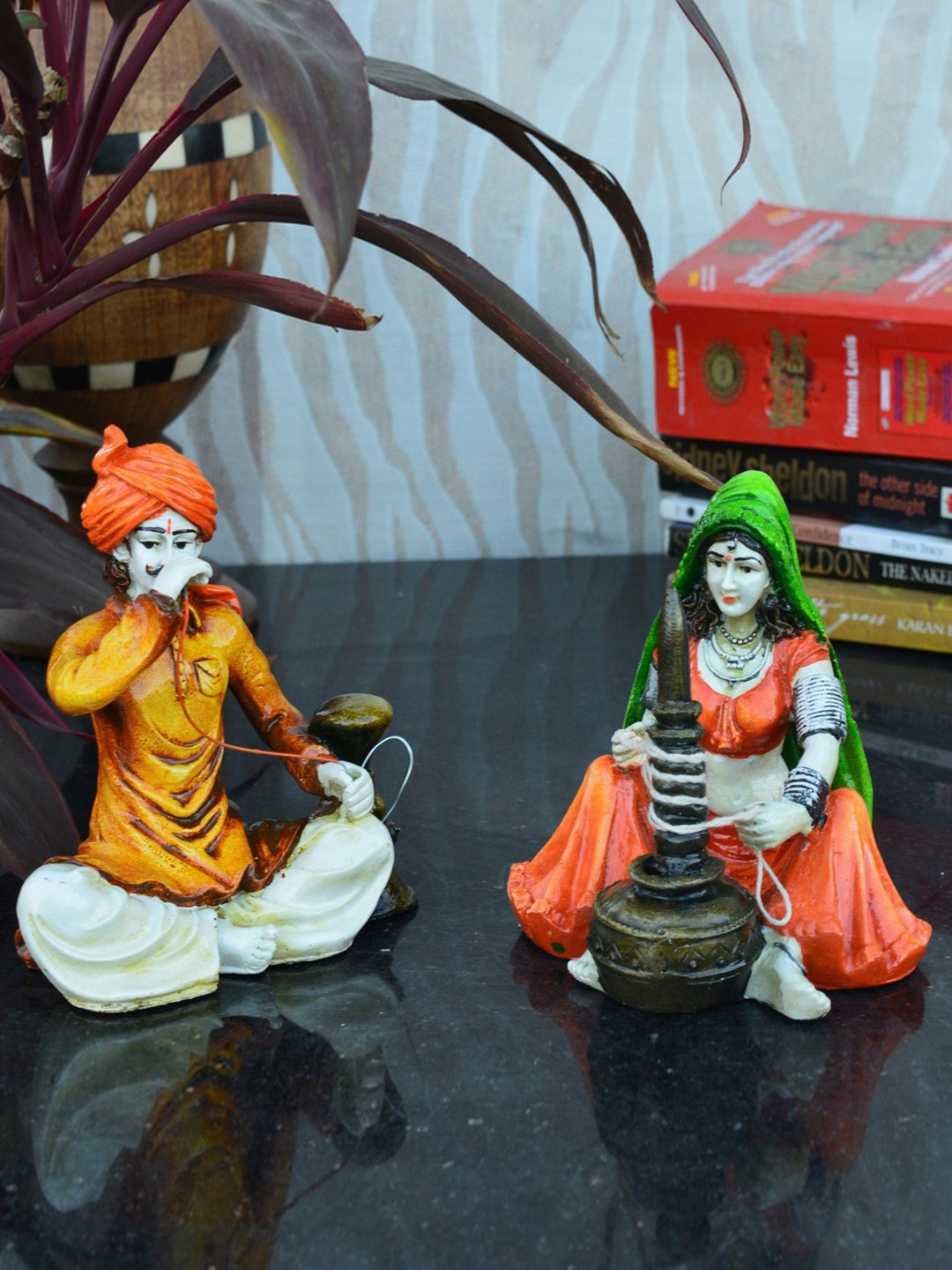 eCraftIndia Rajasthani Hookah Man Mustard Polyresin Glossy Living Room Set of 2 Small Showpieces - 5.9 Inches