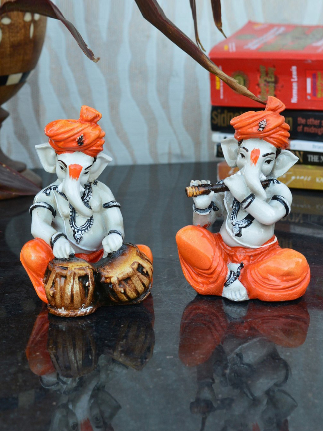 eCraftIndia Ganesha Playing Tabla Off White Polyresin Glossy Prayer Room Set of 2 Small Showpieces - 2.8 Inches