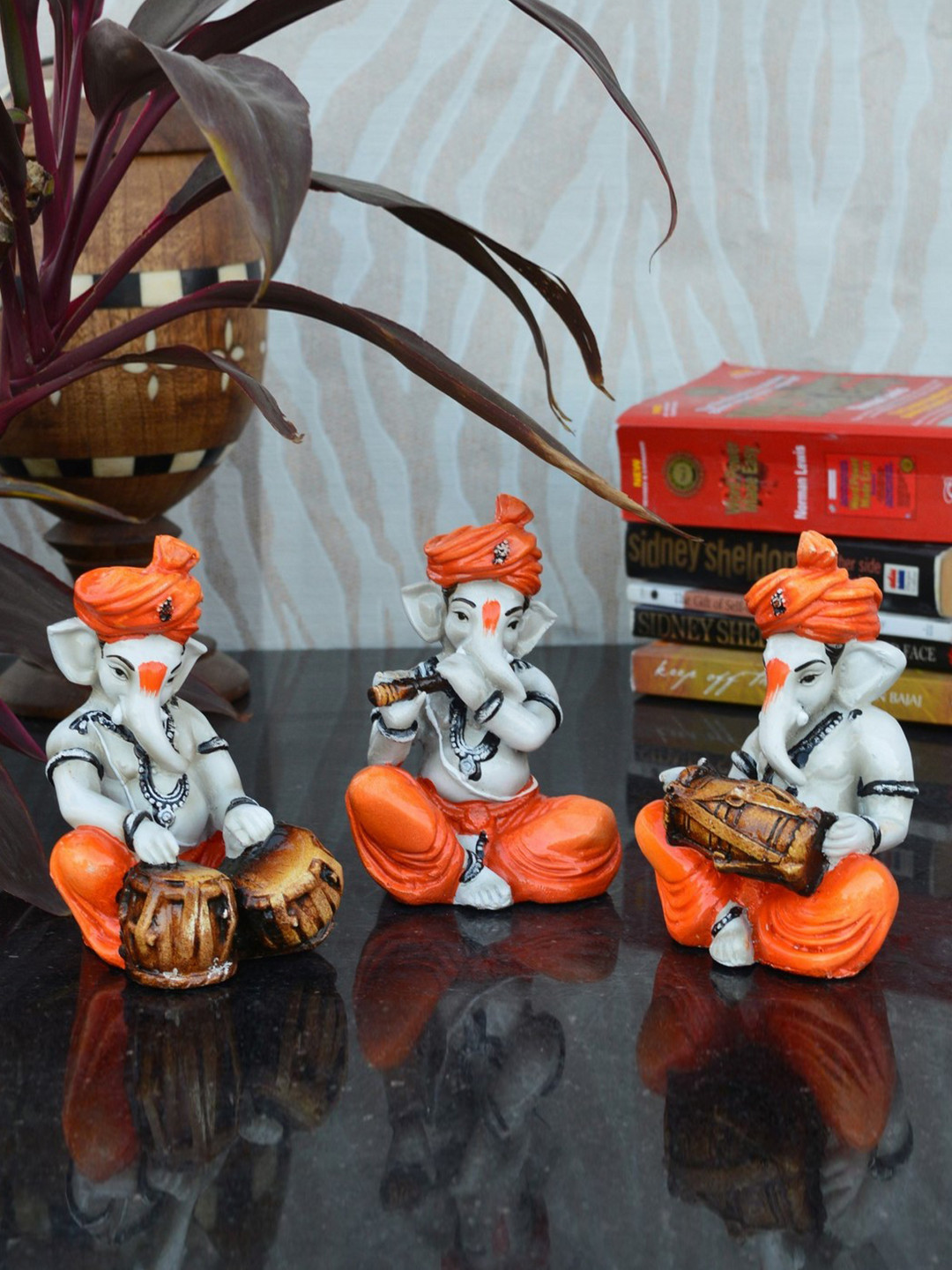 eCraftIndia Ganesha Orange Polyresin Glossy Prayer Room Set of 3 Small Showpieces - 2.8 Inches