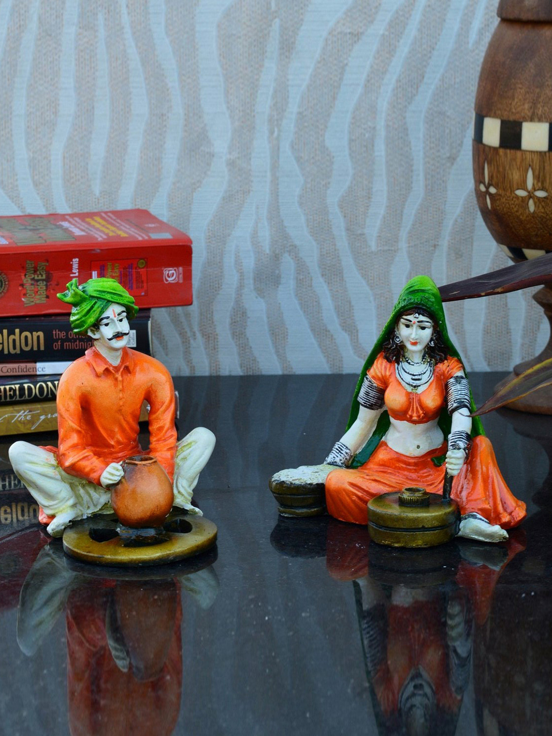 Artisyn Rajasthani Orange Polyresin Natural Living Room Set of 2 Medium Showpieces - 5.9 Inches