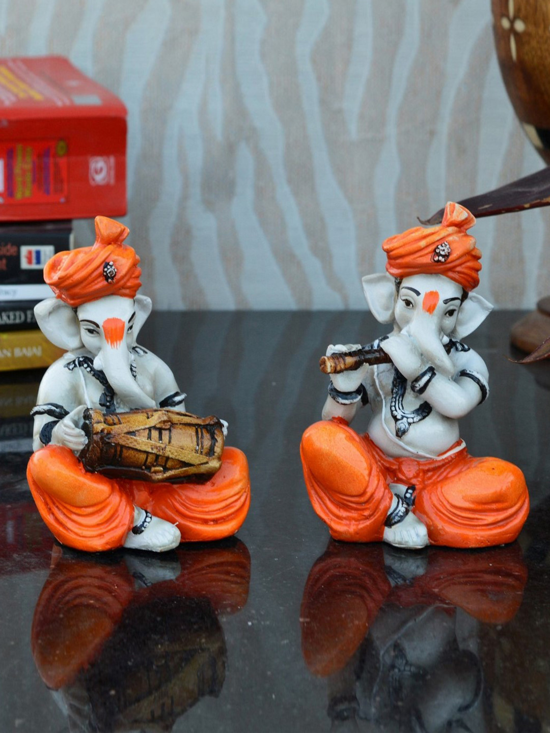 eCraftIndia Ganesha Playing Dholak Orange Polyresin Glossy Prayer Room Set of 2 Small Showpieces - 2.8 Inches
