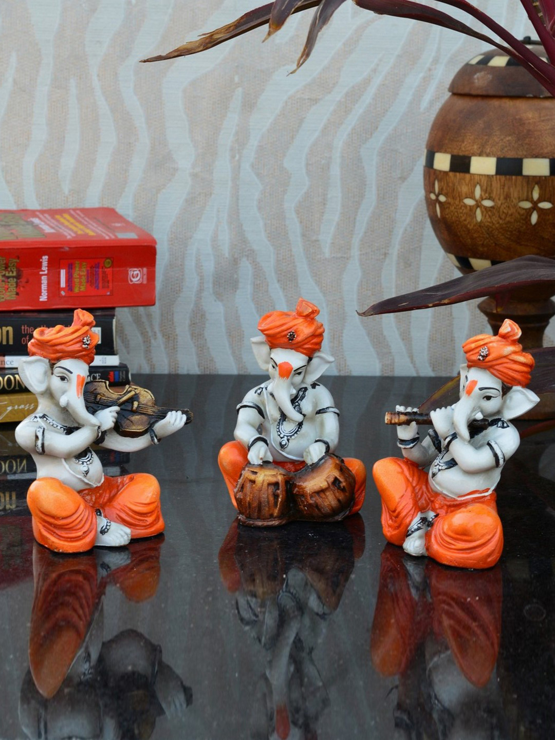 eCraftIndia Ganesha Playing Violen Orange Polyresin Glossy Prayer Room Set of 3 Small Showpieces - 2.8 Inches