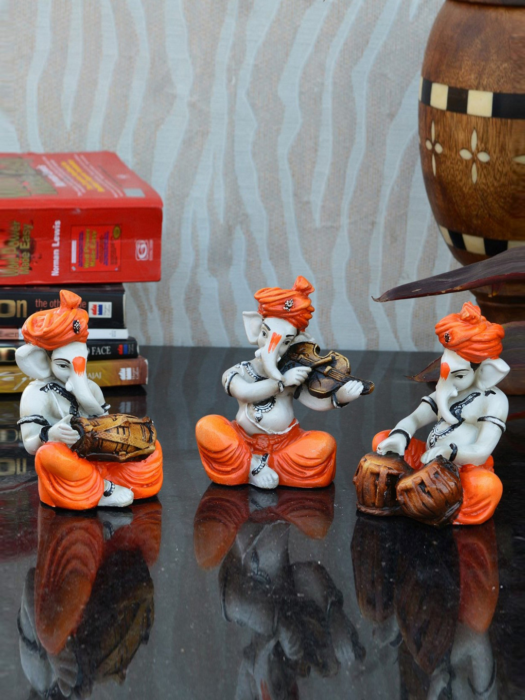 eCraftIndia Ganesha Playing Dholak Orange Polyresin Natural Study Room Music Set of 3 Small Showpieces - 2.8 Inches