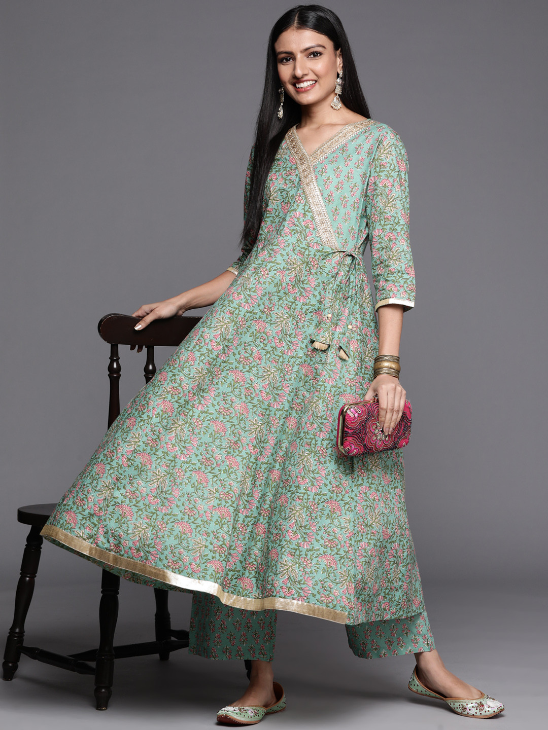 Varanga Women Sea Green Floral Printed Angrakha Pure Cotton Kurta with Palazzos