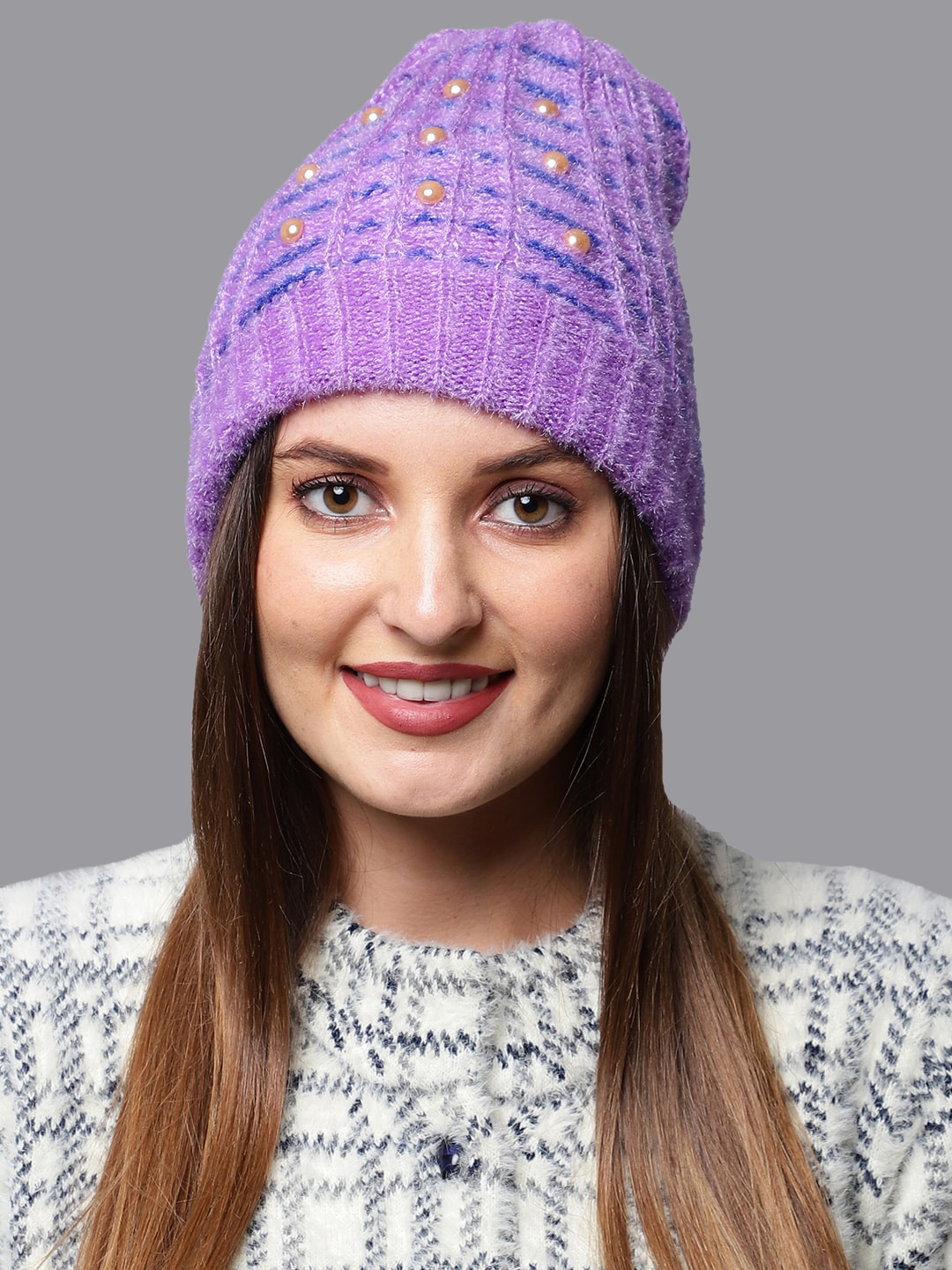ELLIS Women Purple & Blue Self Design Beanie Cap