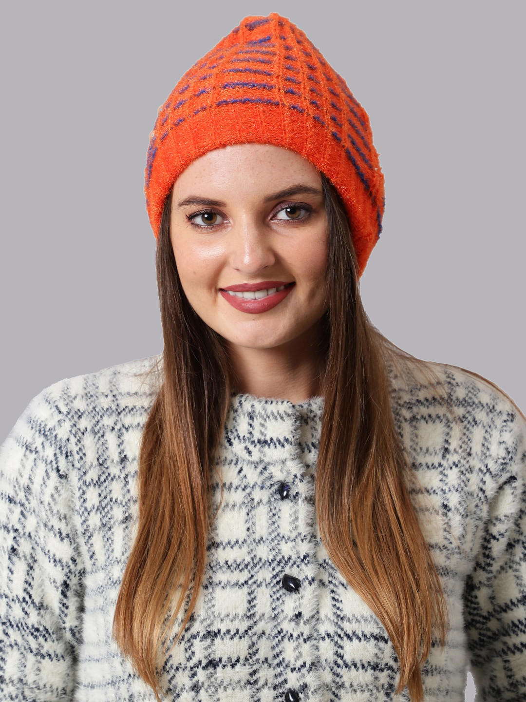 ELLIS Women Orange & Blue Self Design Beanie