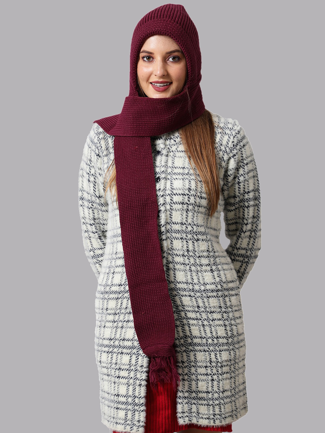 ELLIS Women Burgundy Self Design Beanie